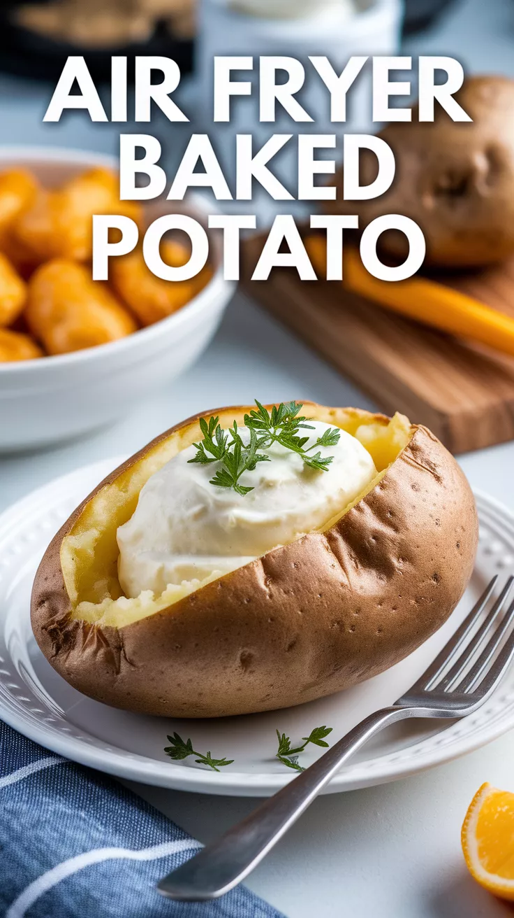 Fluffy air fryer baked potato topped with butter and chives