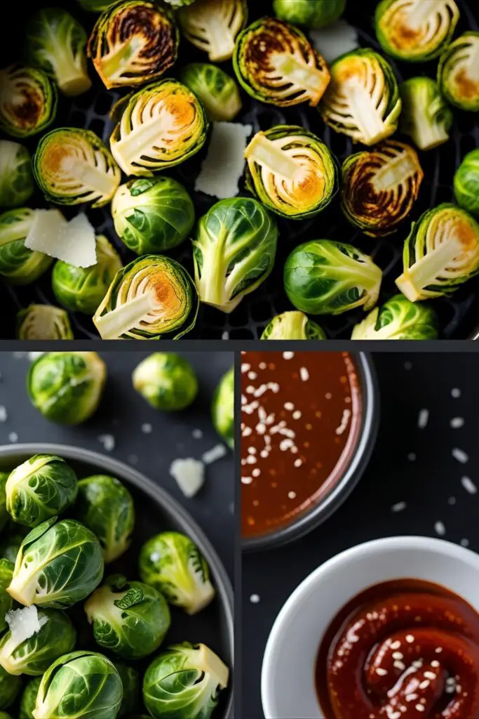 Plate of air fryer brussel sprouts with sriracha drizzle