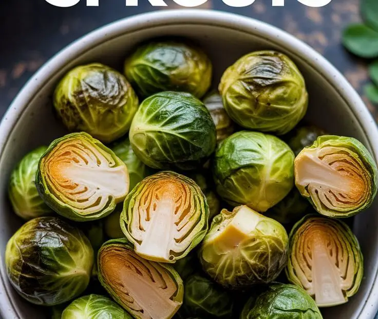 Bowl of golden, crispy air fryer brussel sprouts topped with parmesan
