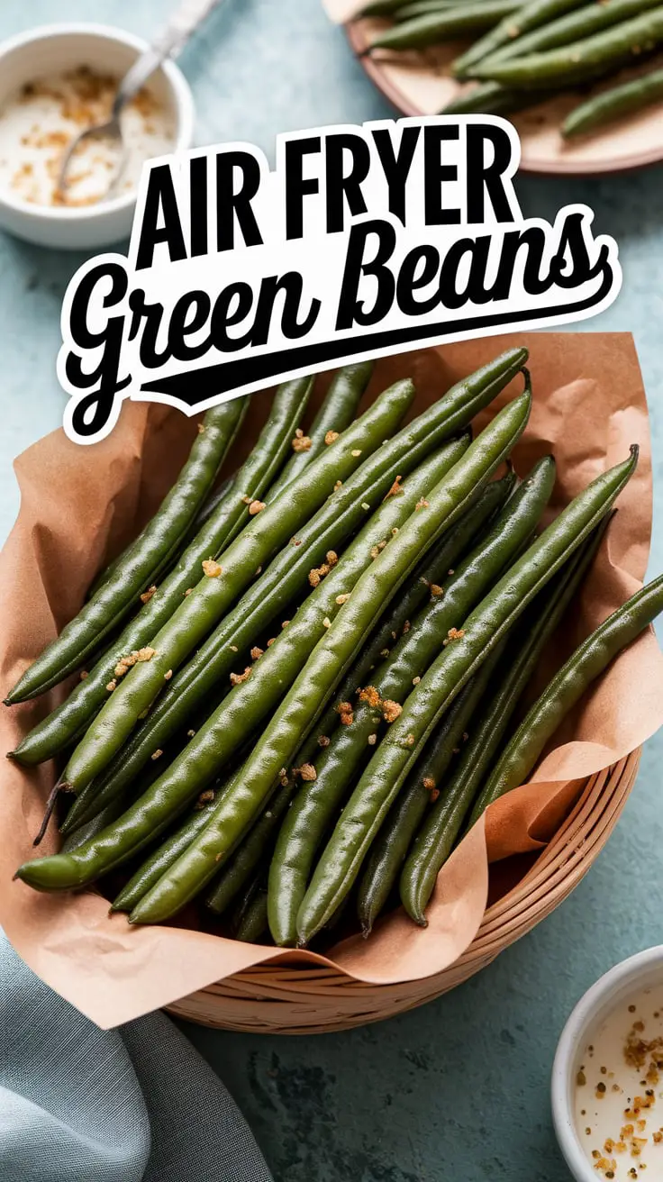 Crispy blistered green beans with garlic and parmesan in a basket
