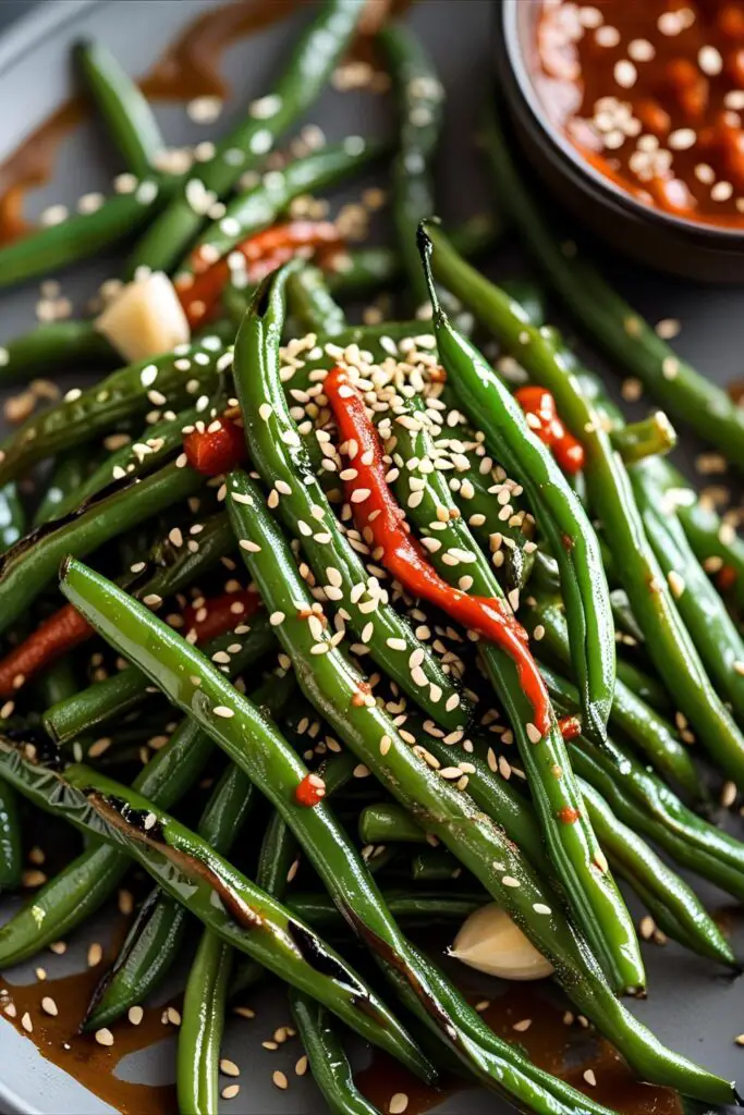 Spicy air fryer green beans garnished with sesame seeds and sriracha drizzle