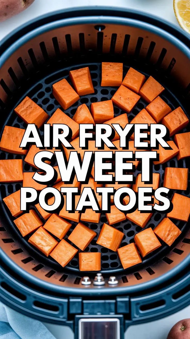 Close-up of crispy air fryer sweet potato cubes garnished with herbs