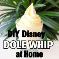 Pineapple soft-serve Dole Whip in a clear cup with tropical leaves.