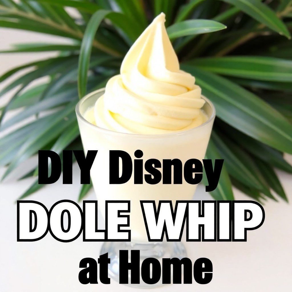 Pineapple soft-serve Dole Whip in a clear cup with tropical leaves.