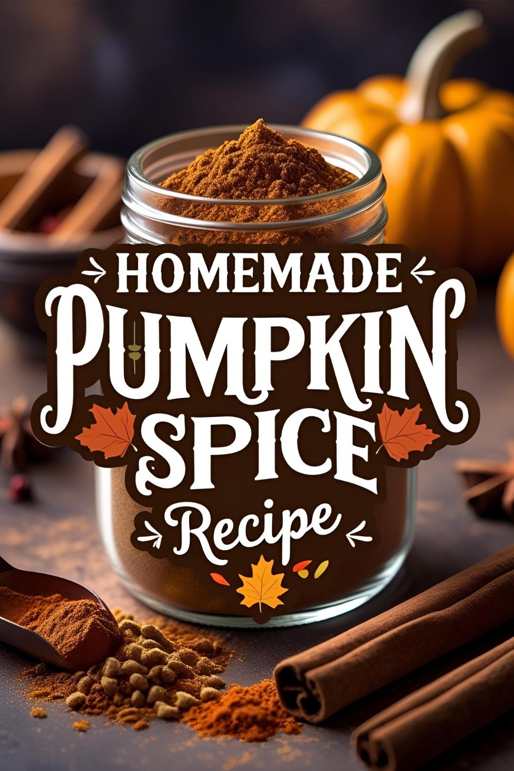 A jar of homemade pumpkin spice blend surrounded by the individual spices used in the recipe.