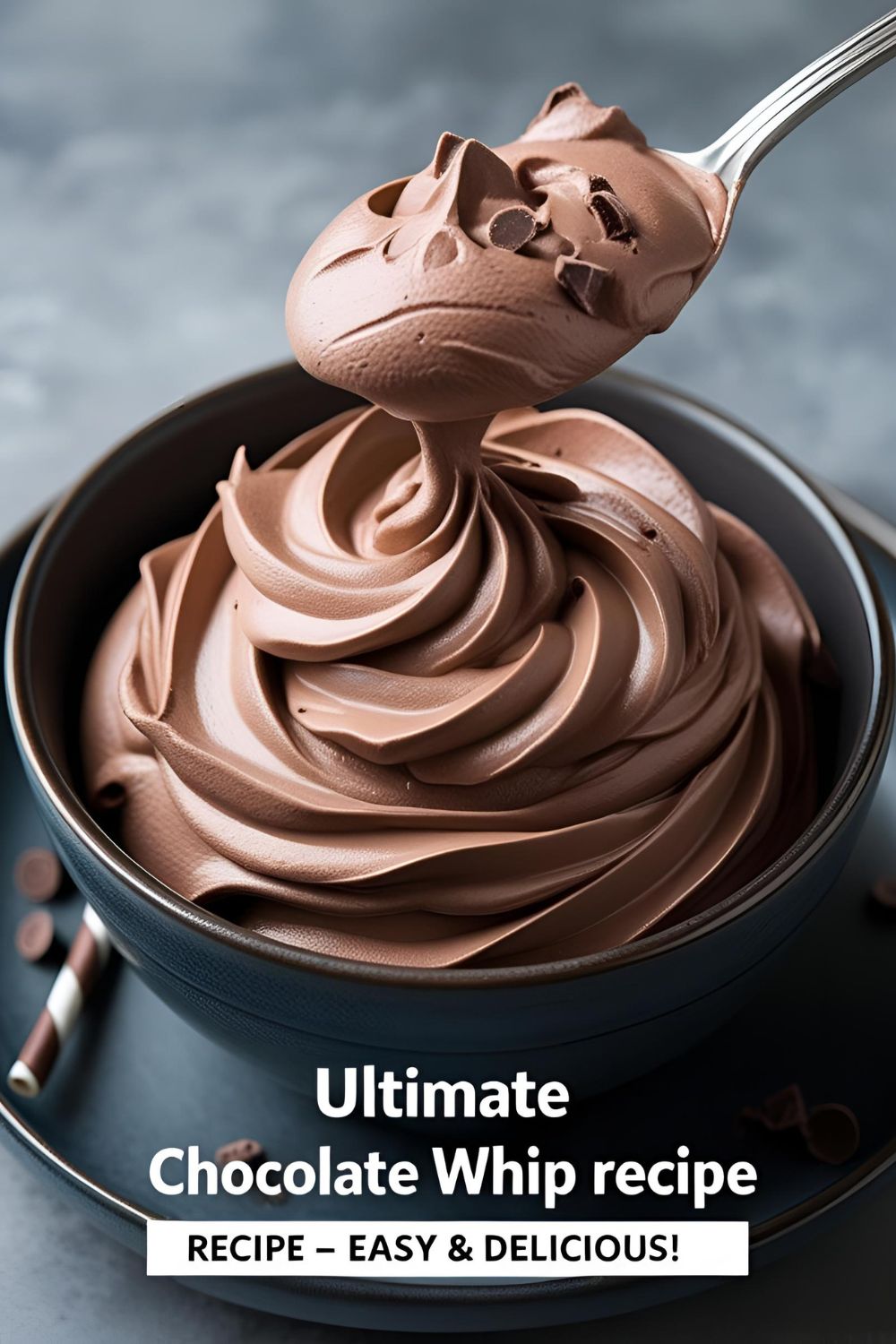A bowl of creamy chocolate whip with a spoonful lifted, showcasing its airy texture.