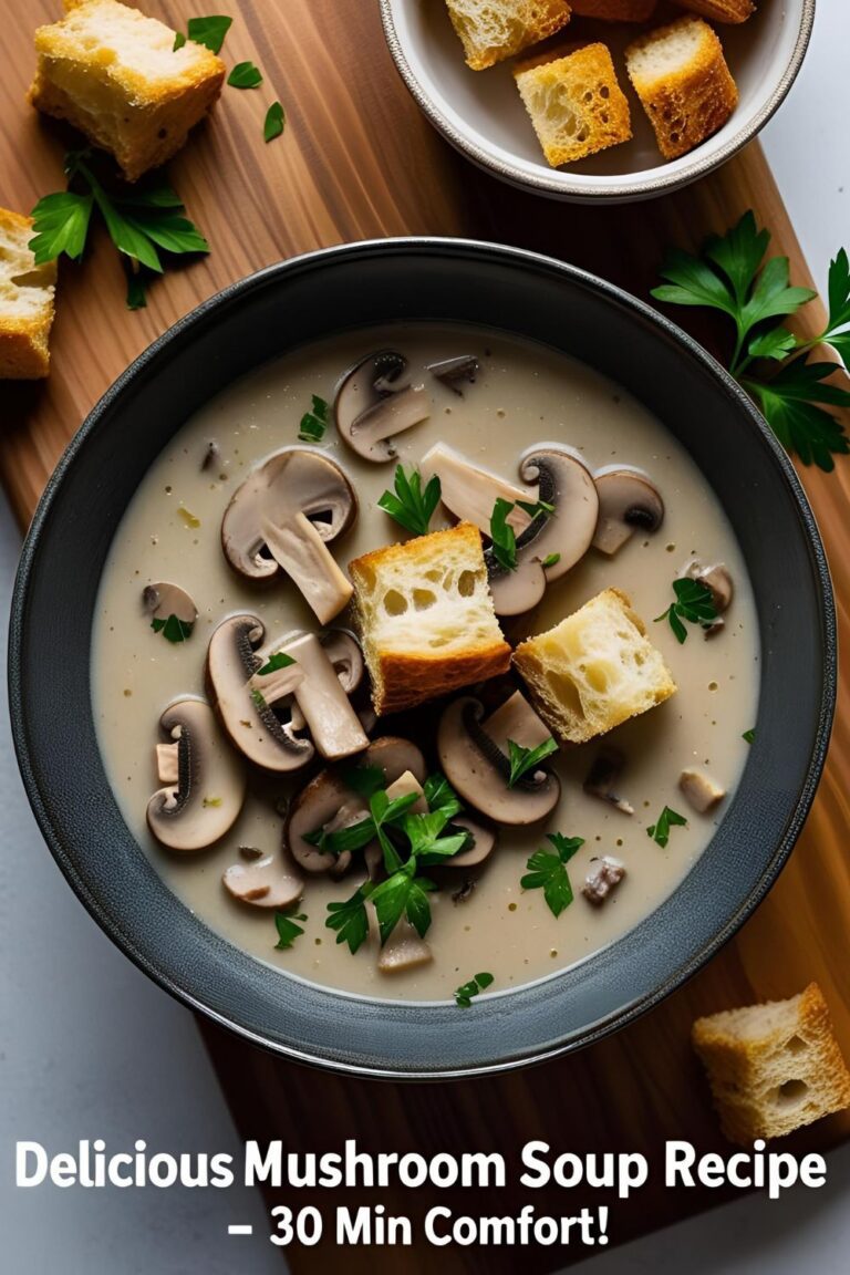 Bowl of creamy mushroom soup garnished with parsley and croutons, set on a wooden tray.
