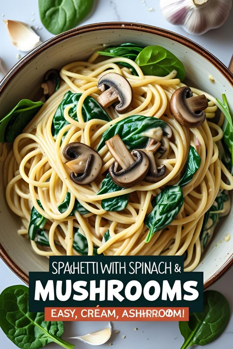 A bowl of creamy spaghetti with sautéed mushrooms and wilted spinach, topped with parsley and Parmesan.