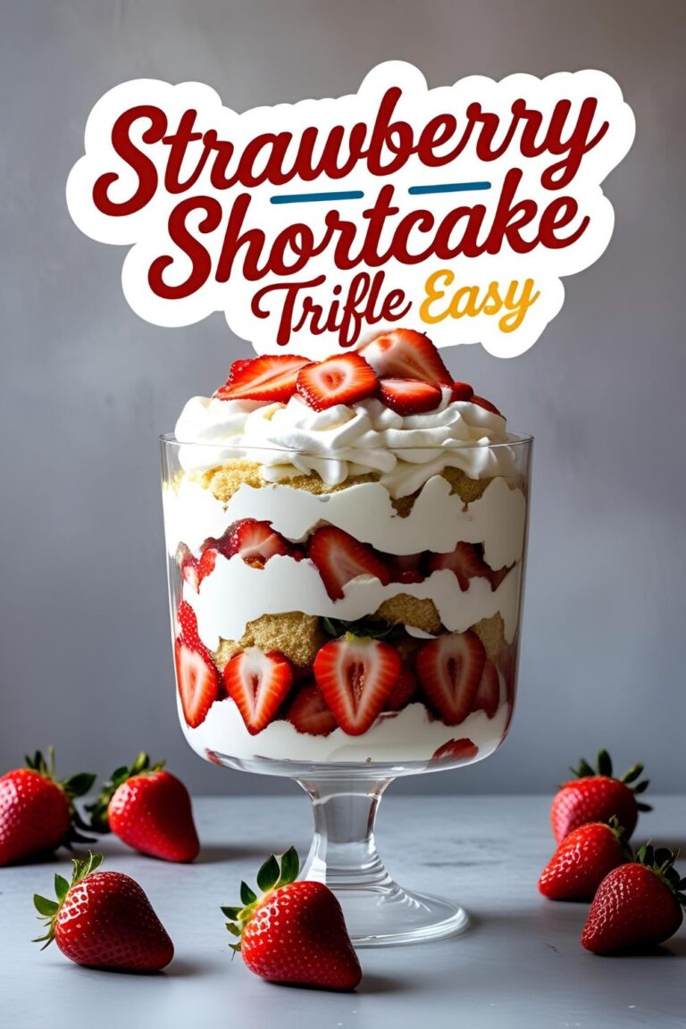 Pretty glass of strawberry shortcake trifle topped with fresh berries