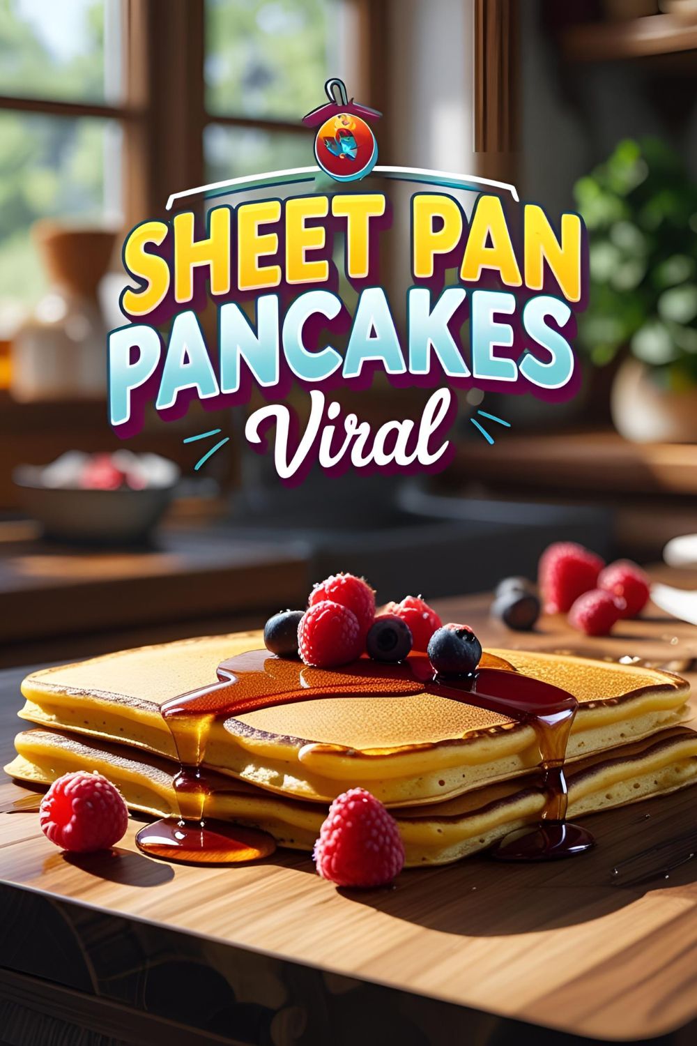 Golden sheet pan pancake slab with berries and syrup.