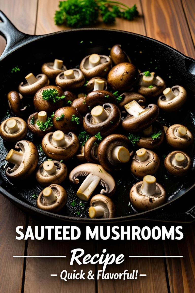 Cast-iron skillet full of golden sautéed mushrooms with garlic and parsley garnish.