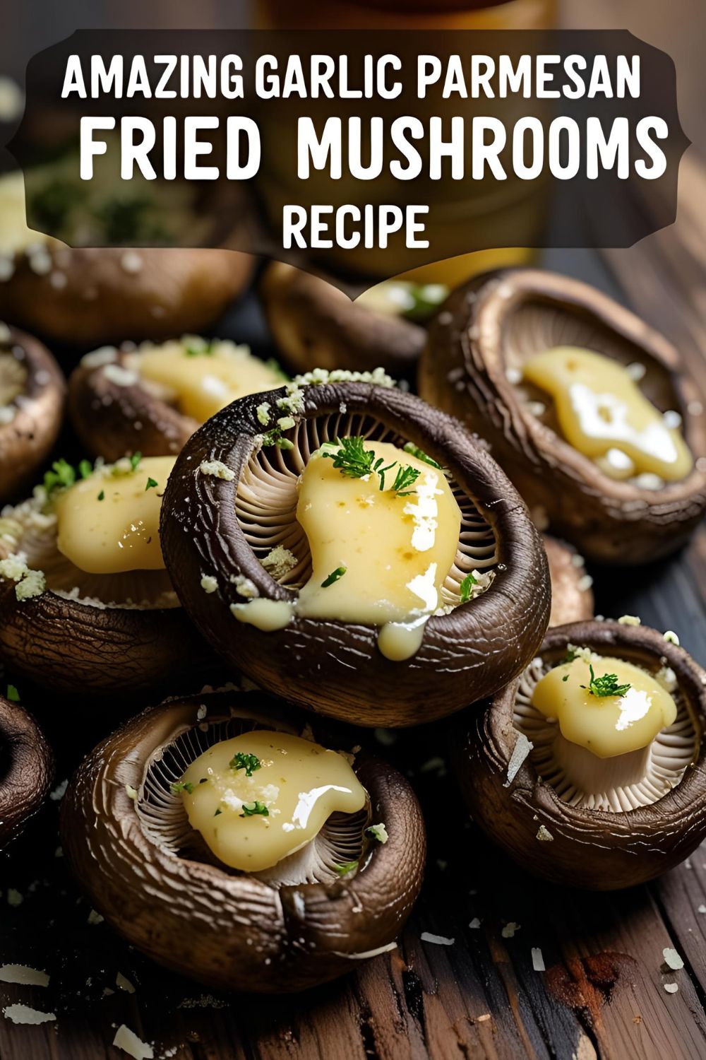 Close-up of crispy garlic parmesan fried mushrooms garnished with parsley on a white plate.