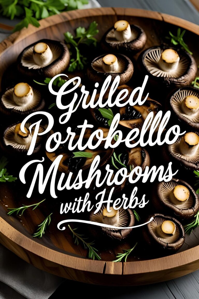 Grilled portobello mushrooms garnished with fresh herbs on a rustic platter.