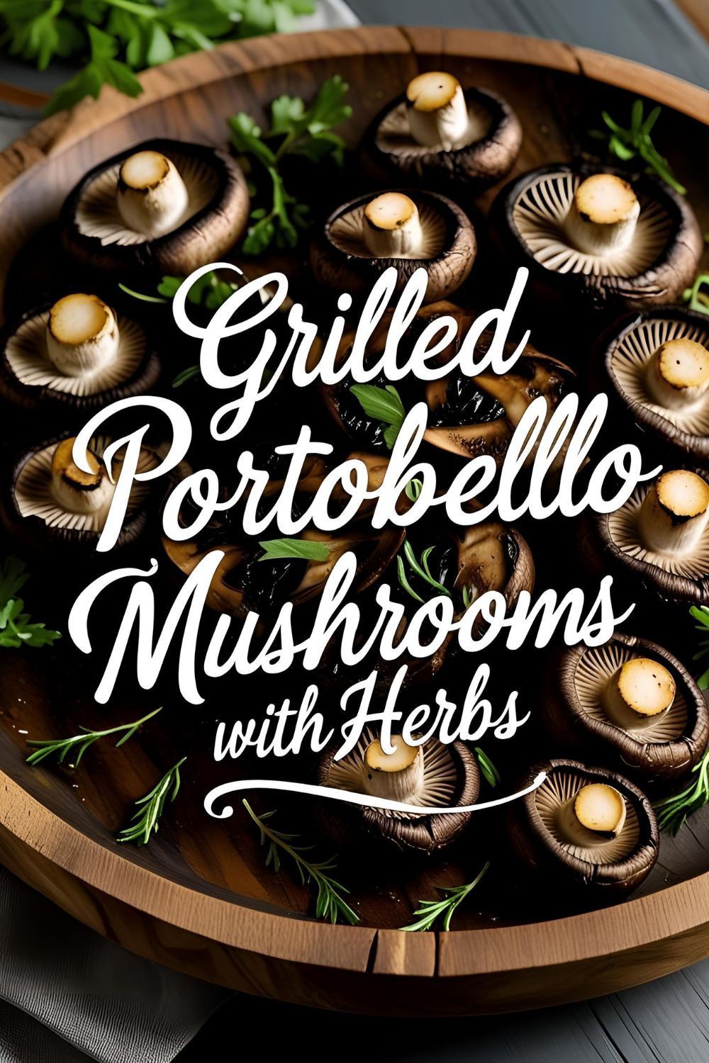 Grilled portobello mushrooms garnished with fresh herbs on a rustic platter.