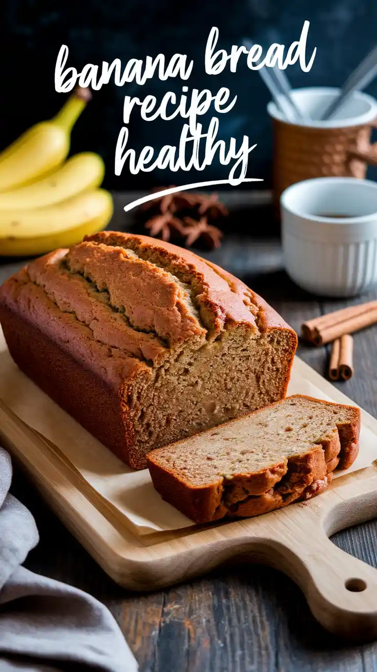 Sliced healthy banana bread loaf with visible walnuts and crumb.