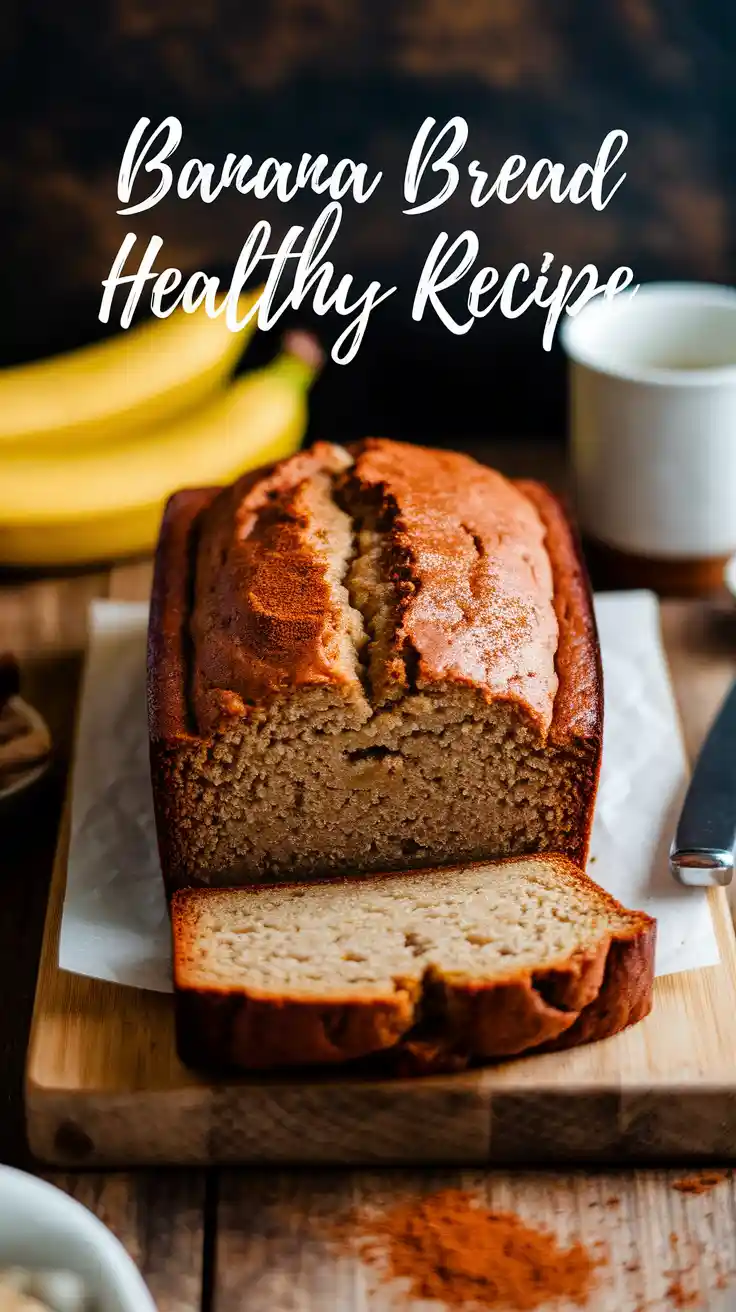 Sliced healthy banana bread loaf with walnuts on a cooling rack.