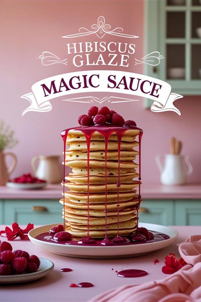 Bright hibiscus glaze drizzled over pancakes on a pastel plate.