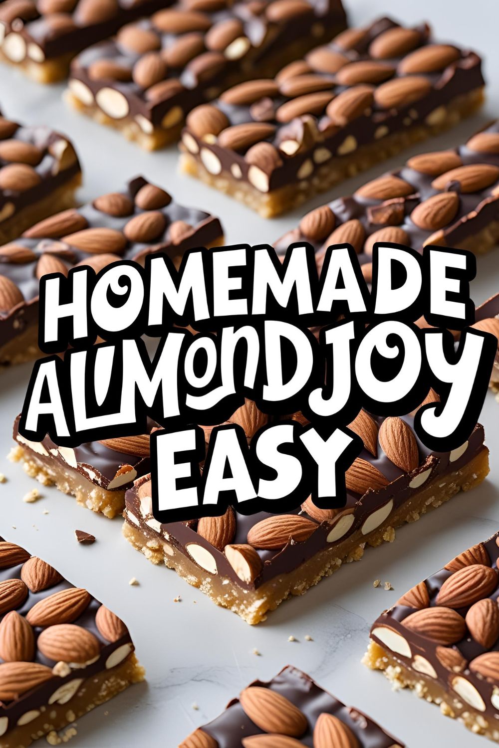 Close-up of Homemade Almond Joy Easy chocolate bars with visible almonds and coconut edges.