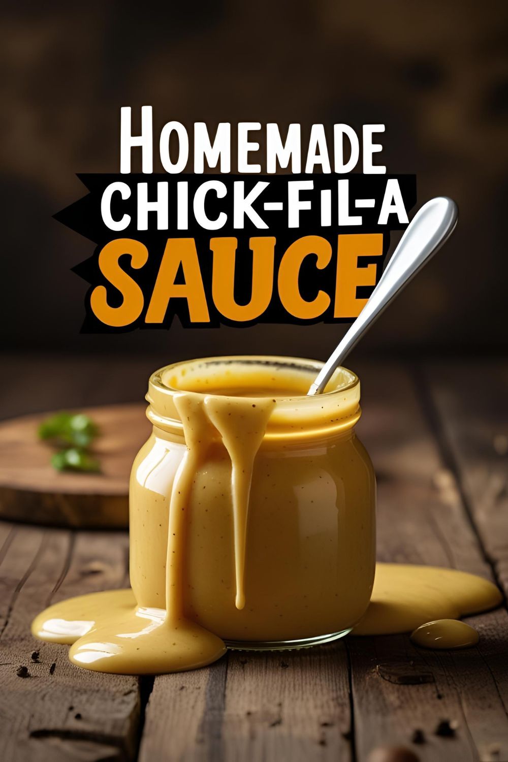 Small jar of Chick‑fil‑A style sauce with spoon over a plate of fries.