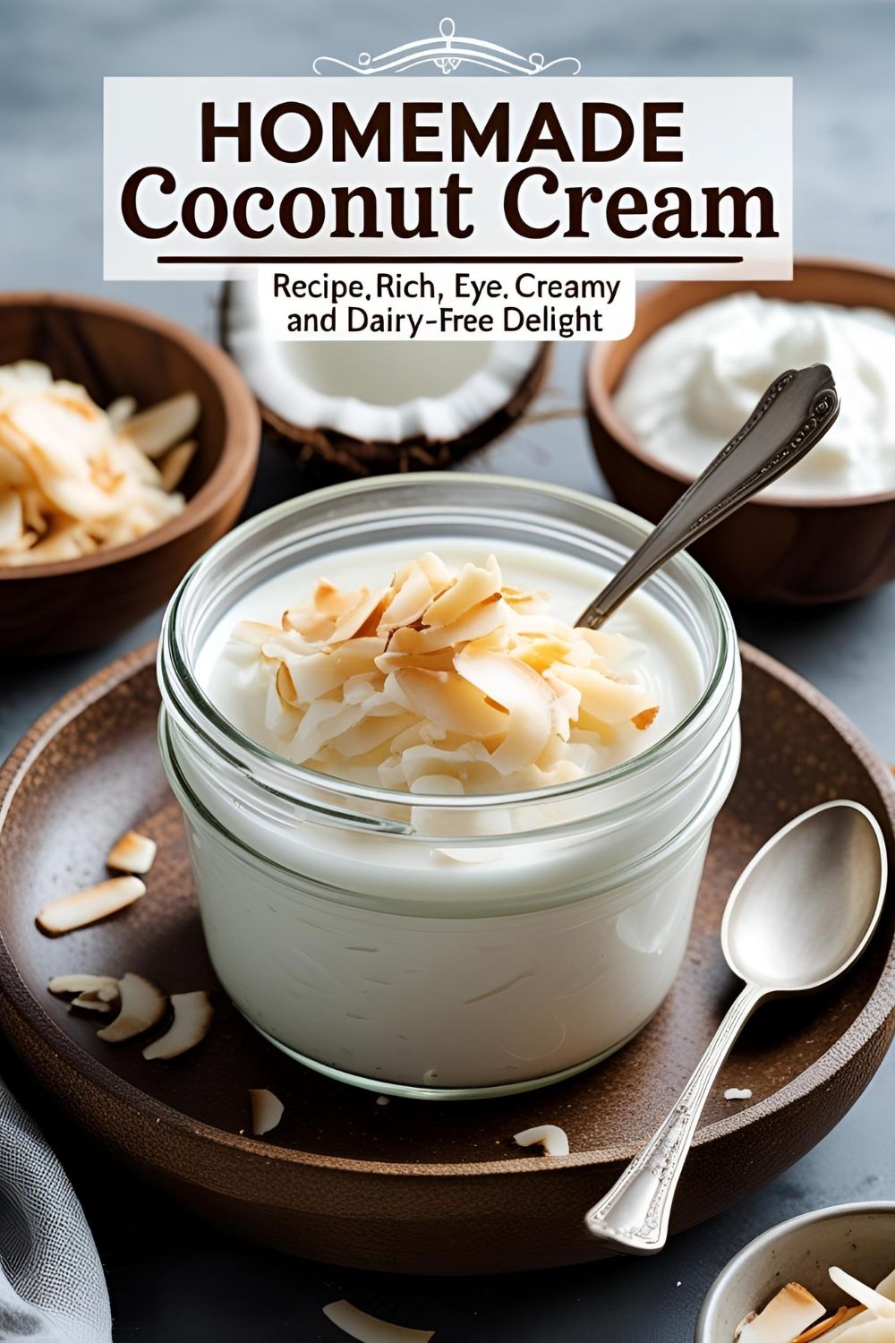 "Bowl of homemade coconut cream with a spoonful ready to serve"