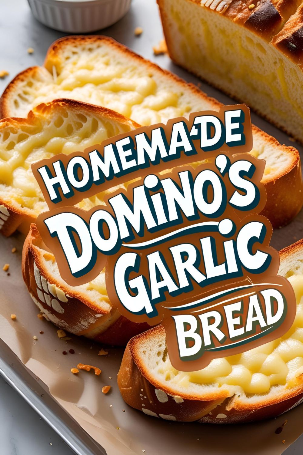 Crispy slice of garlic bread with bubbling cheese and herbs