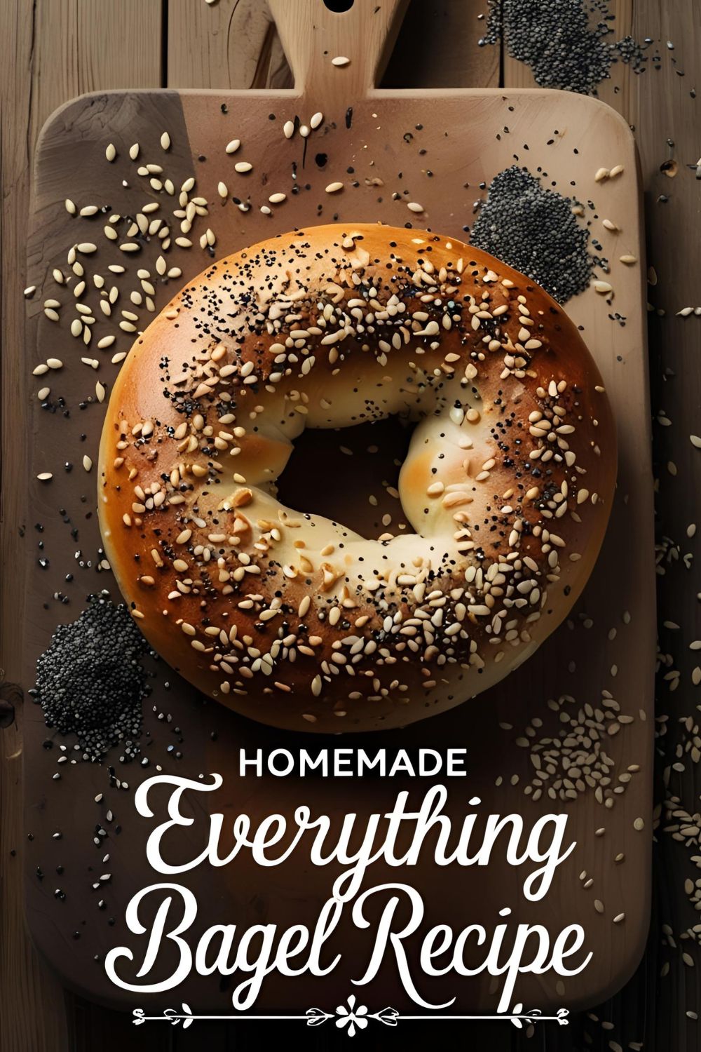 "Golden homemade everything bagels topped with sesame and poppy seeds on a wooden board.