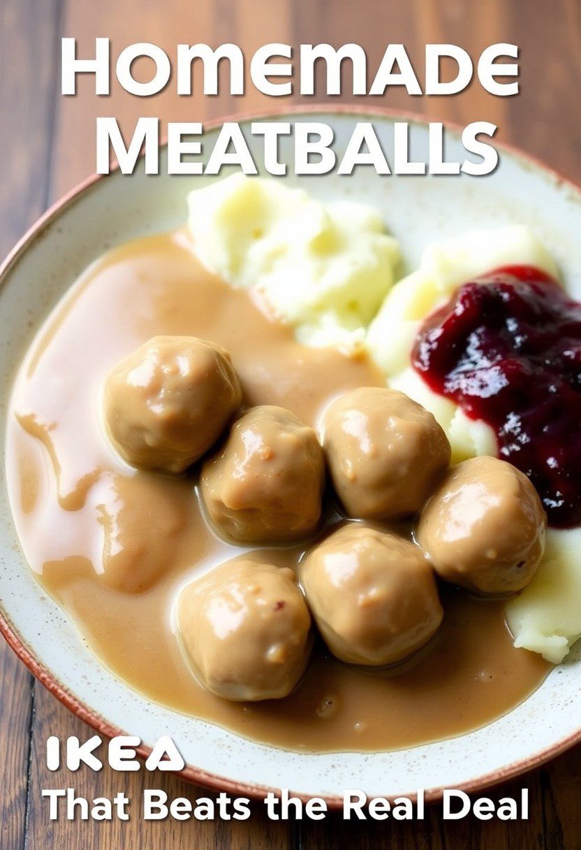Juicy homemade IKEA meatballs with creamy gravy and mashed potatoes on a rustic plate