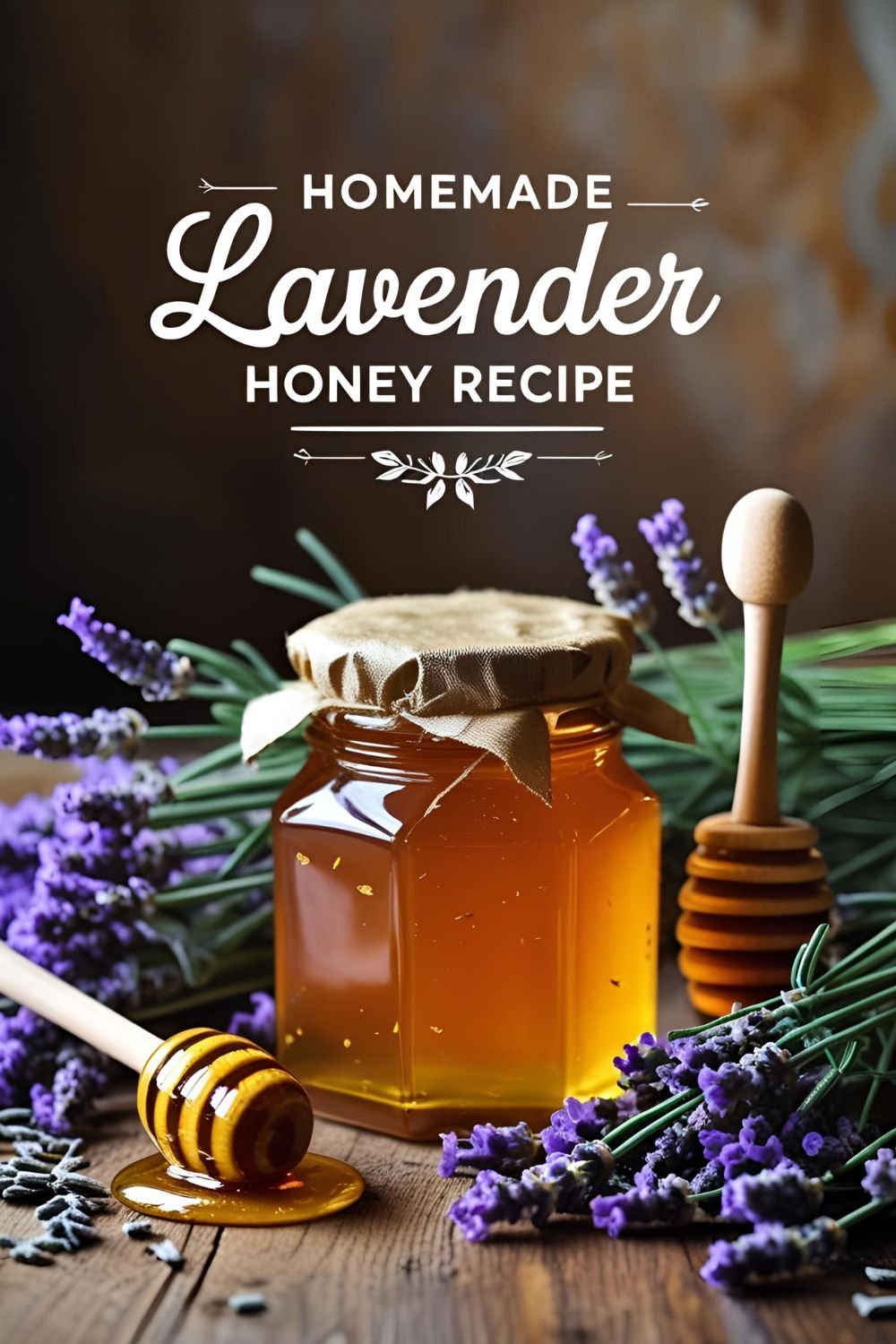 A jar of homemade lavender honey with fresh lavender sprigs and a honey dipper on a rustic table.