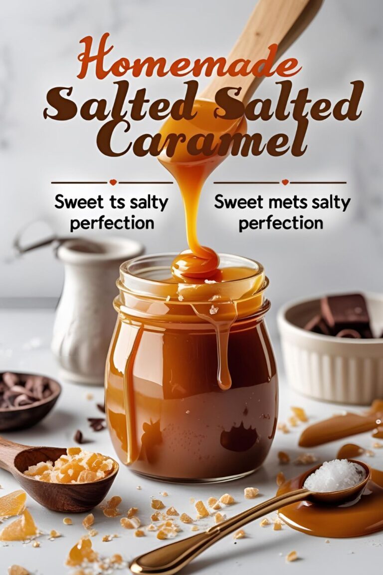 Jar of homemade salted caramel sauce with spoon.