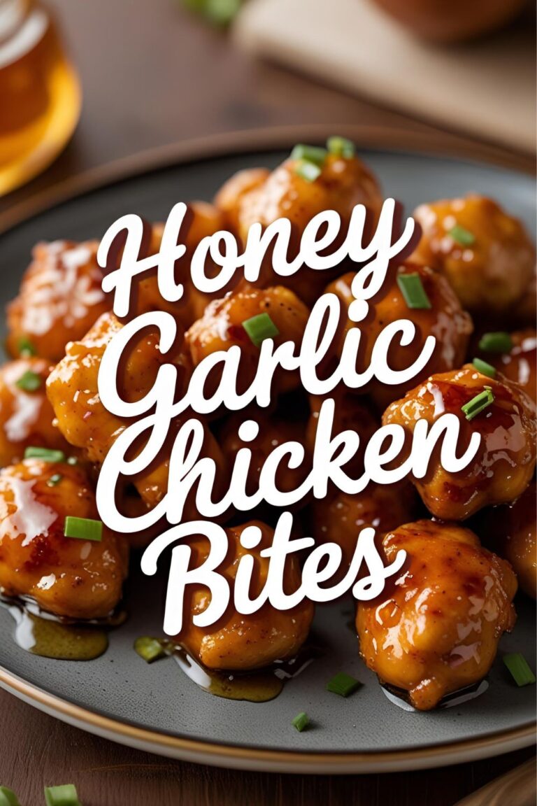 Sticky honey garlic chicken bites garnished with green onion.