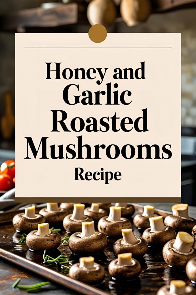 Close-up of honey and garlic roasted mushrooms with a golden caramelized finish on a rustic plate.