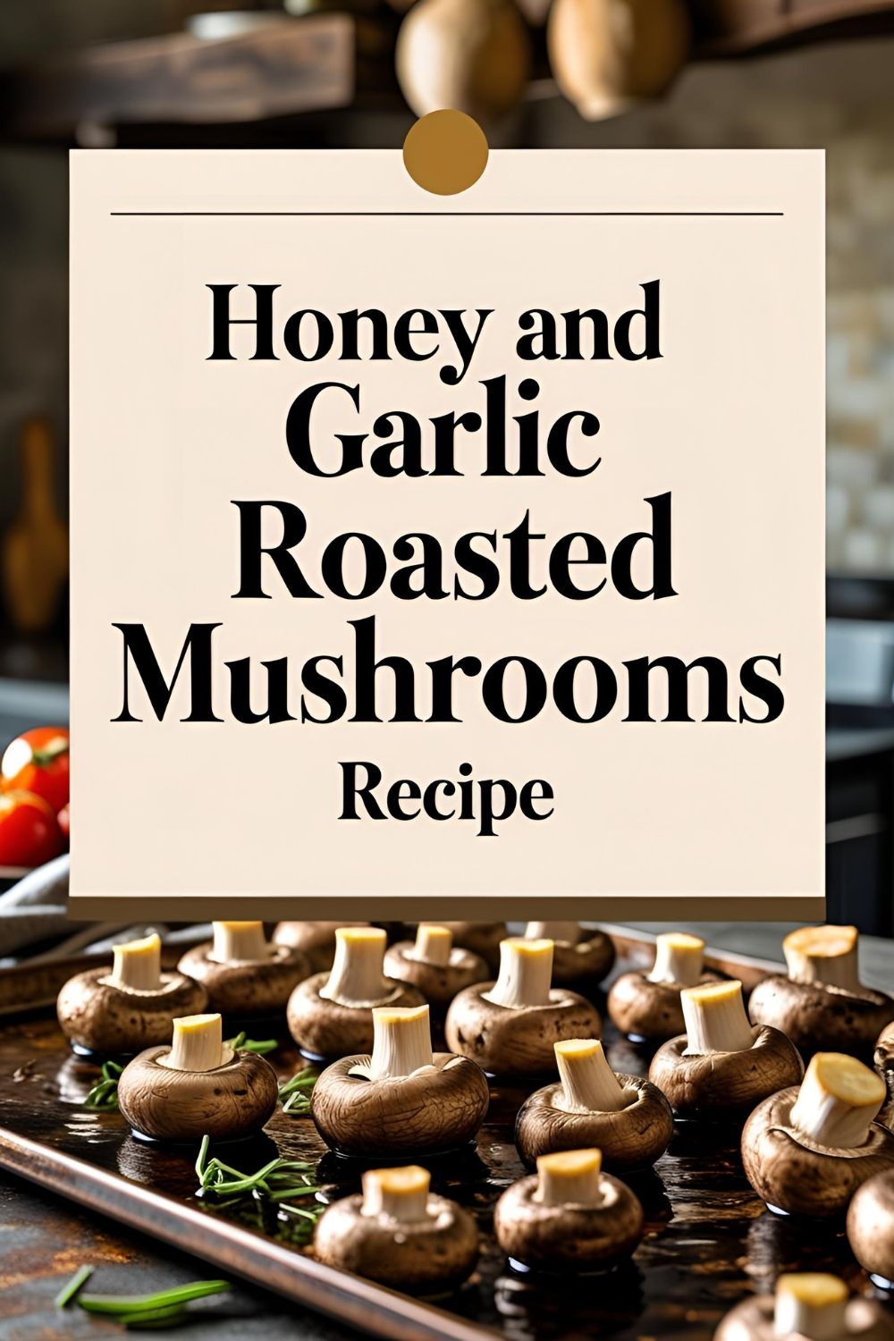 Close-up of honey and garlic roasted mushrooms with a golden caramelized finish on a rustic plate.