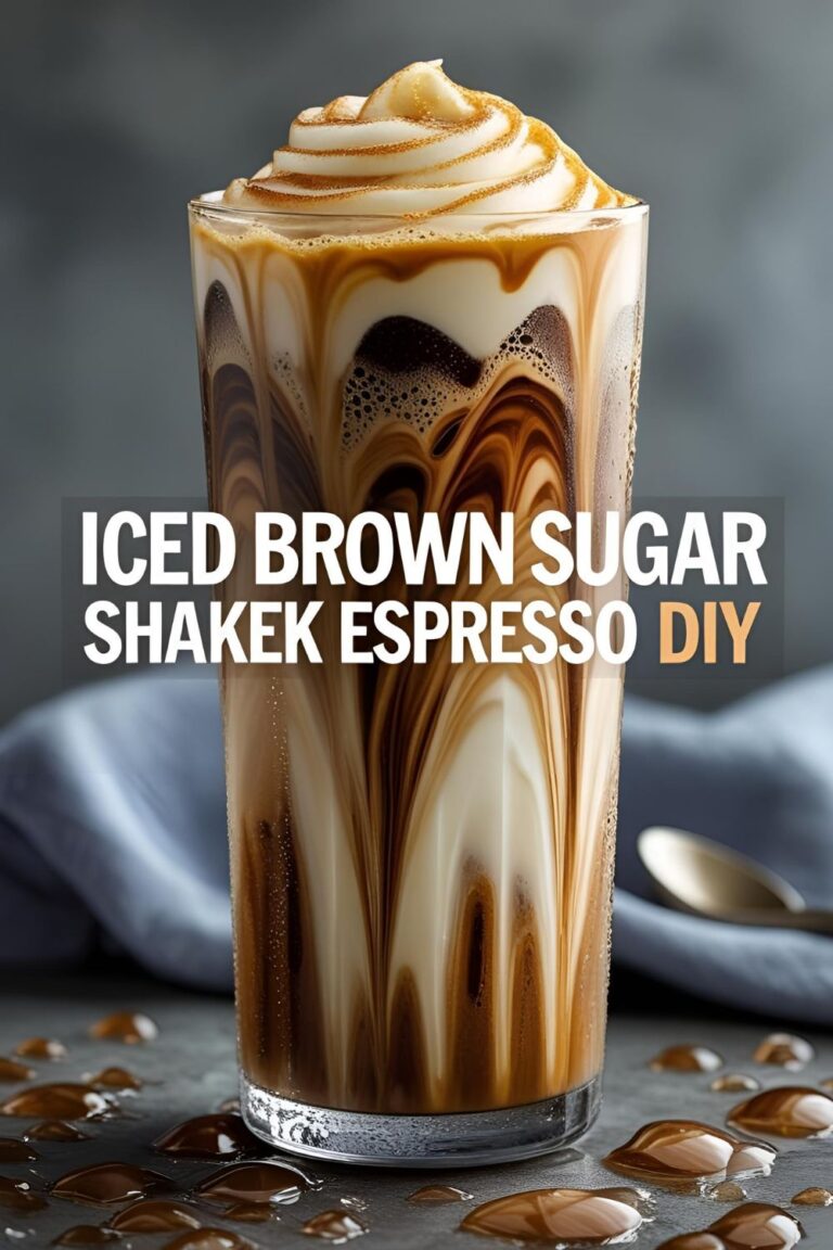 Glass of iced brown sugar oatmilk espresso with cinnamon foam and straw on counter