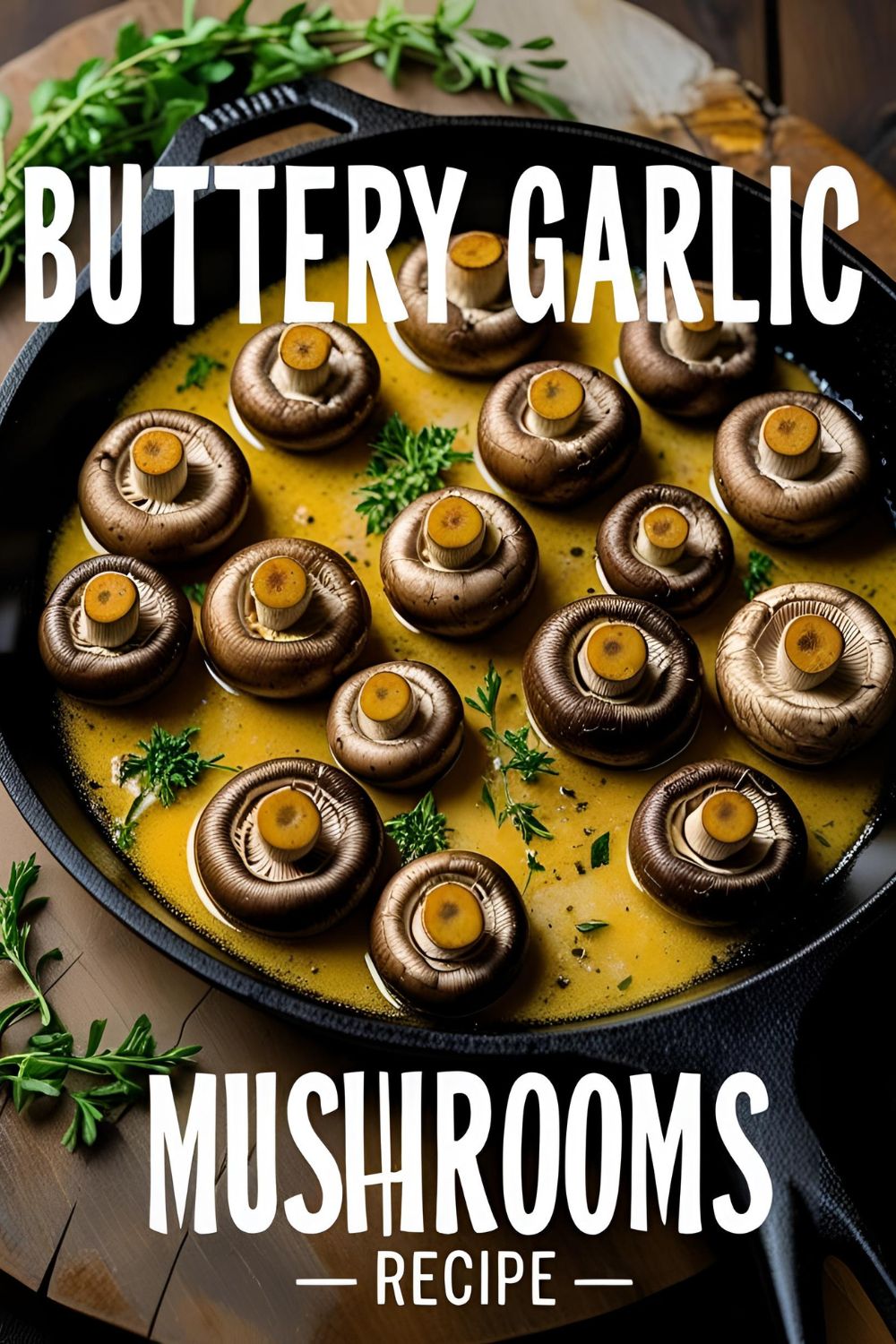 Skillet of golden buttery garlic mushrooms topped with herbs, perfect for pasta or toast.