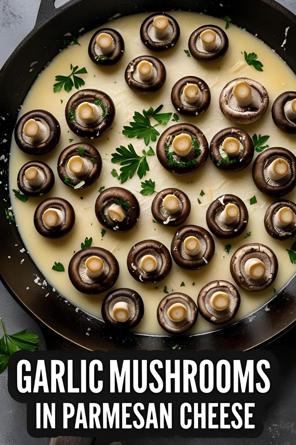 Skillet of garlic mushrooms in parmesan cheese with melted cheese and parsley, ready to serve