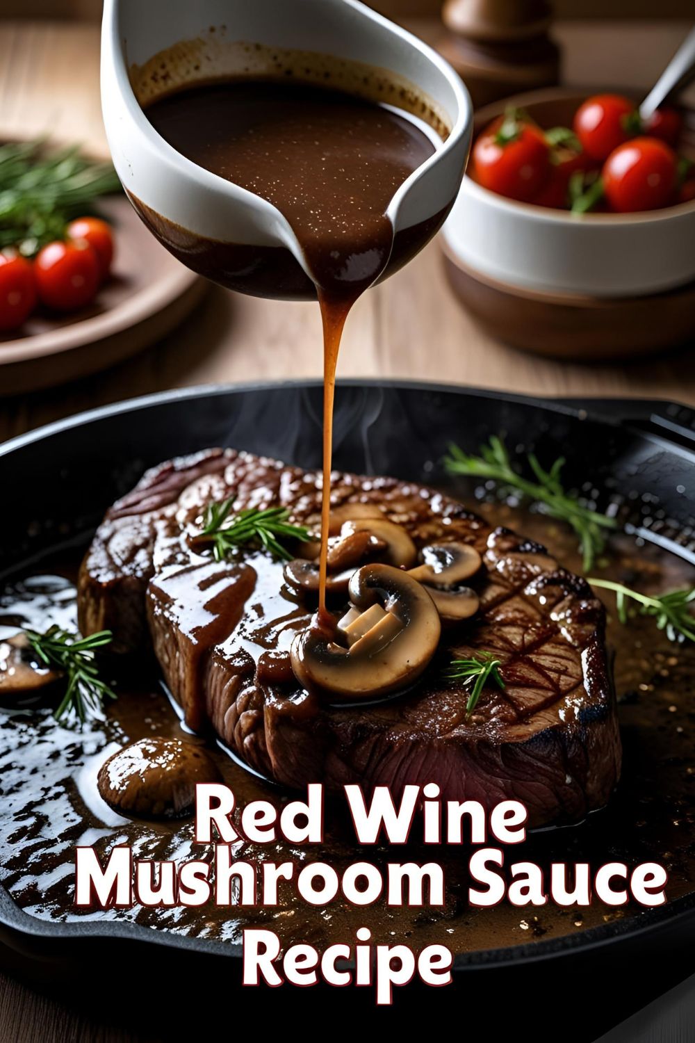 Rich red wine mushroom sauce over juicy steak on plate with herbs