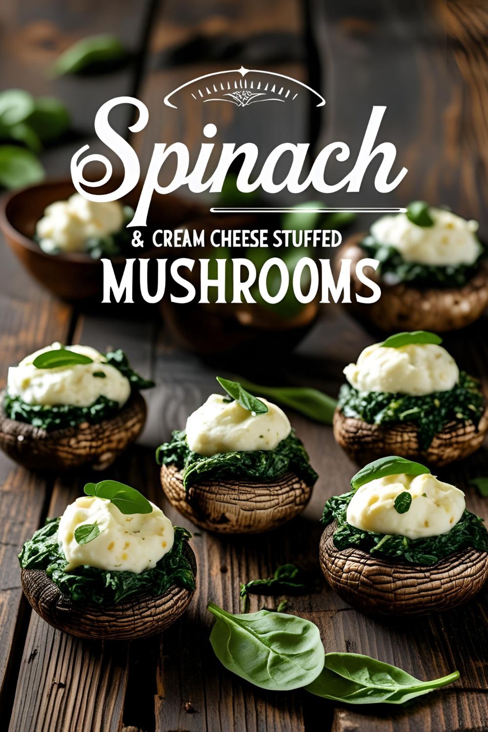 "Platter of spinach and cream cheese stuffed mushrooms garnished with parsley."