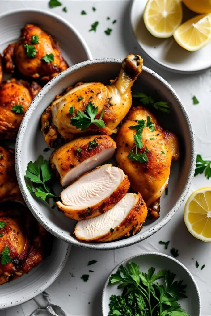 Air fryer chicken thigh on plate with herbs and lemon wedges
