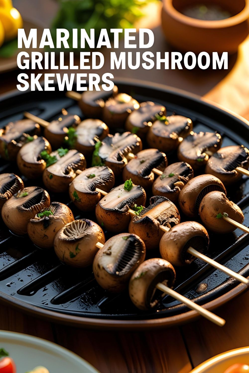Close-up of juicy marinated grilled mushroom skewers on a platter garnished with fresh herbs.