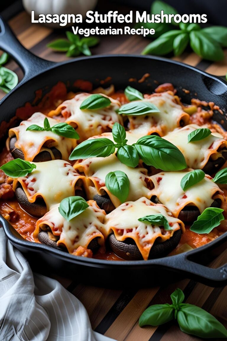 Overhead shot of cheesy lasagna stuffed portobello mushrooms garnished with basil