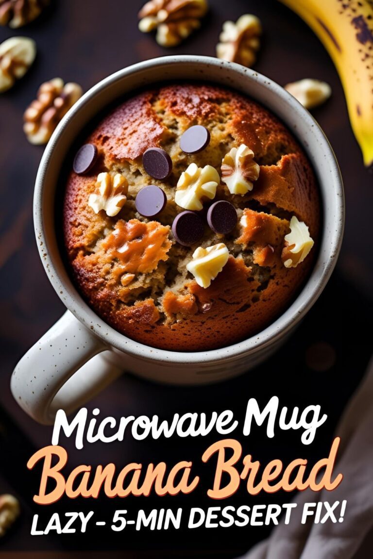 Overhead image of microwave mug banana bread topped with walnuts and chocolate chips, cozy and golden brown.