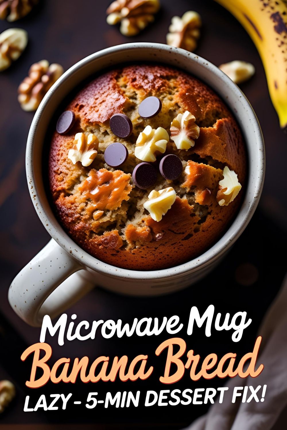 Overhead image of microwave mug banana bread topped with walnuts and chocolate chips, cozy and golden brown.
