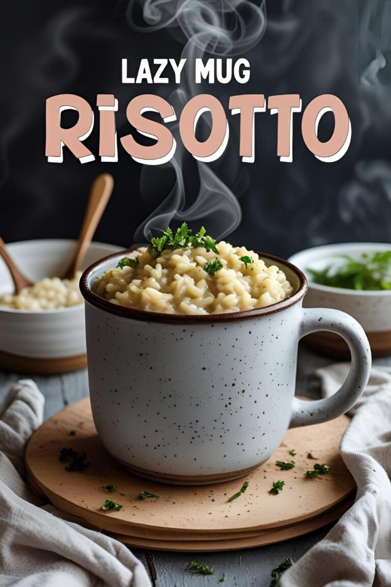 Creamy mug of risotto with cheese and herbs, spoon inside