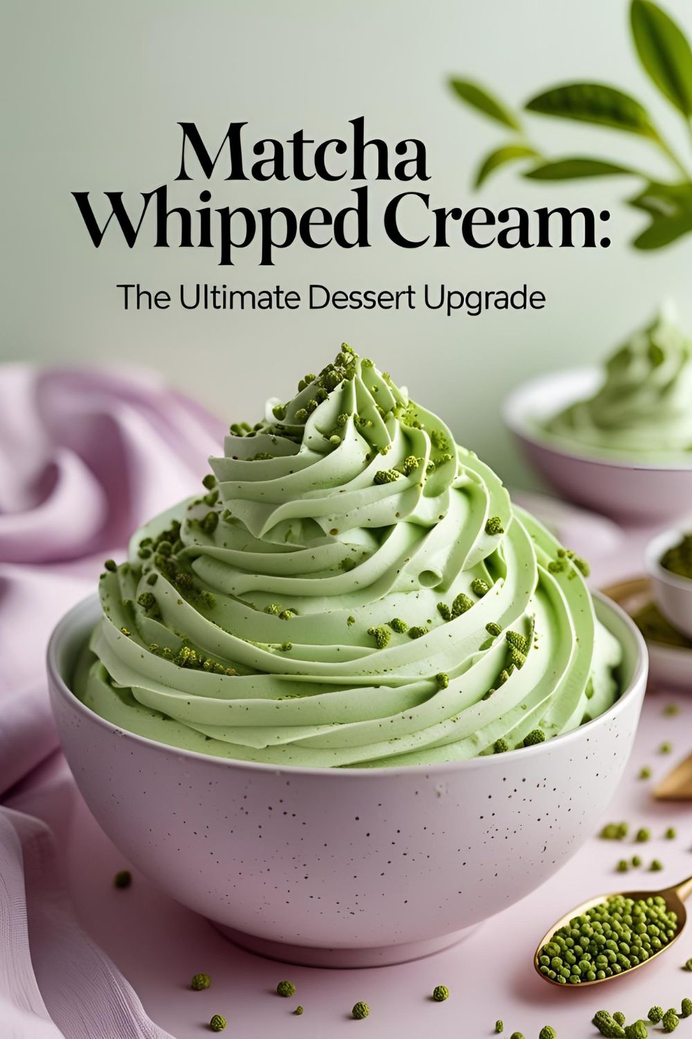 A bowl of fluffy matcha whipped cream ready to serve.