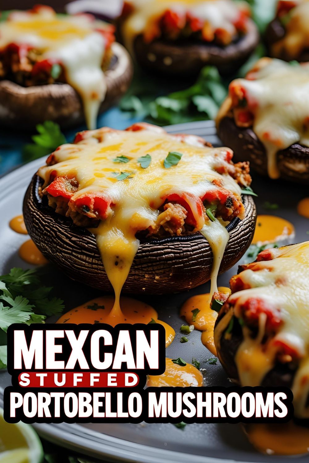 Cheesy Mexican stuffed portobello mushrooms on a rustic plate with cilantro and lime.