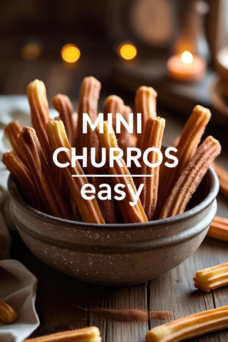 Pile of mini churros with cinnamon sugar in rustic bowl