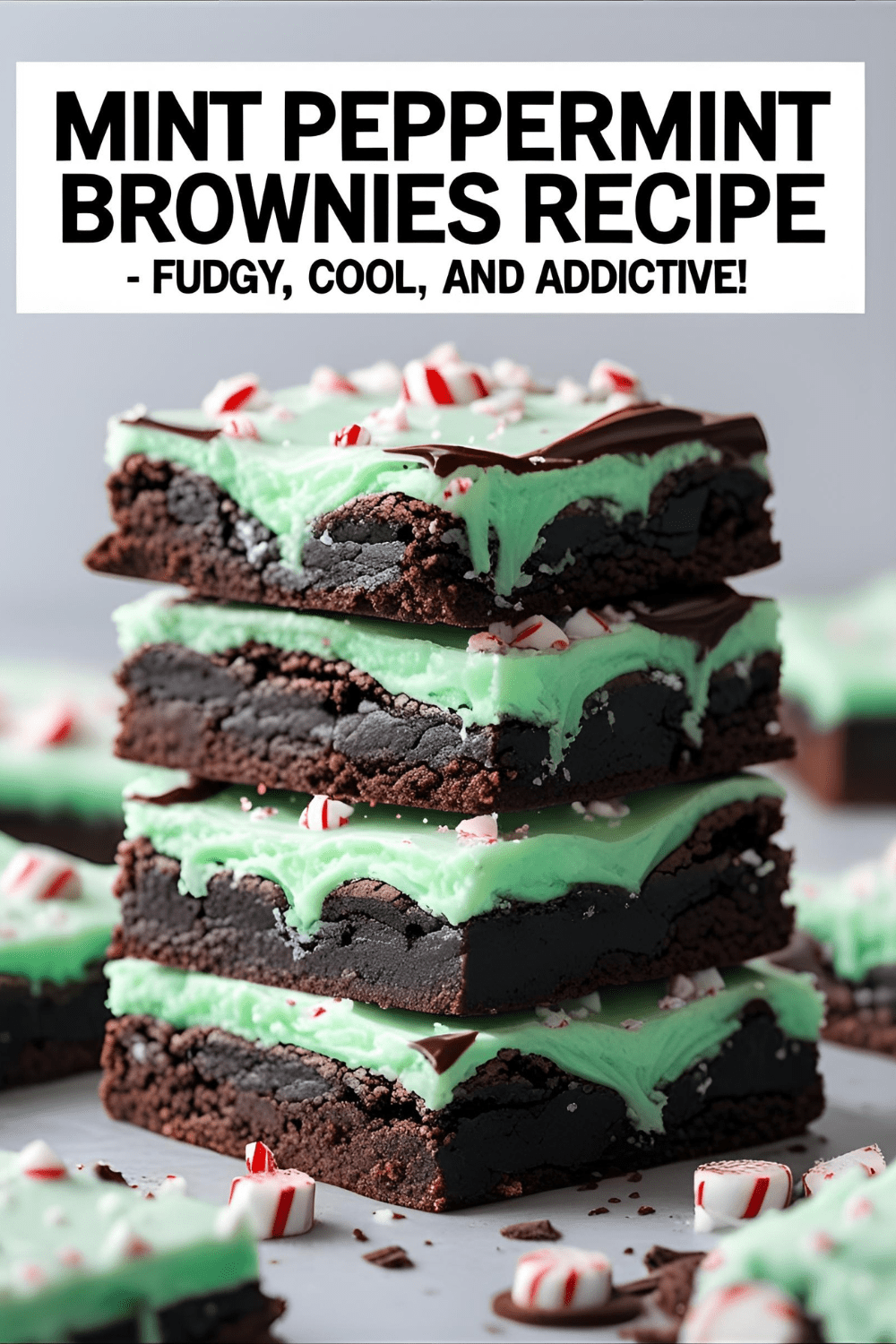 Gooey Mint Peppermint Brownies with chocolate and mint layers on a dessert plate