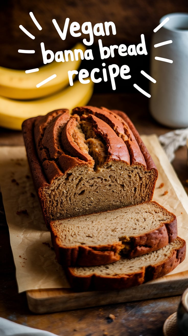 Sliced loaf of moist vegan banana bread on a wooden board with banana slices nearby.