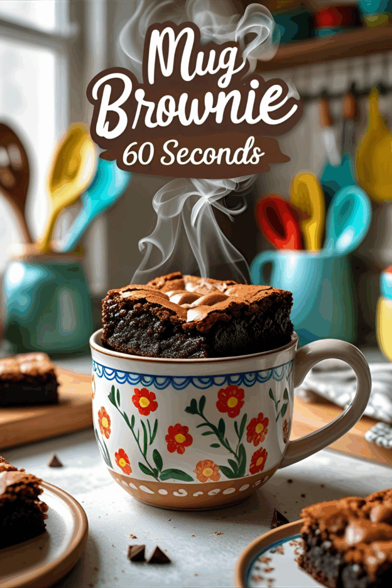 Mug brownie with melted chocolate chips in a cozy mug, steam rising