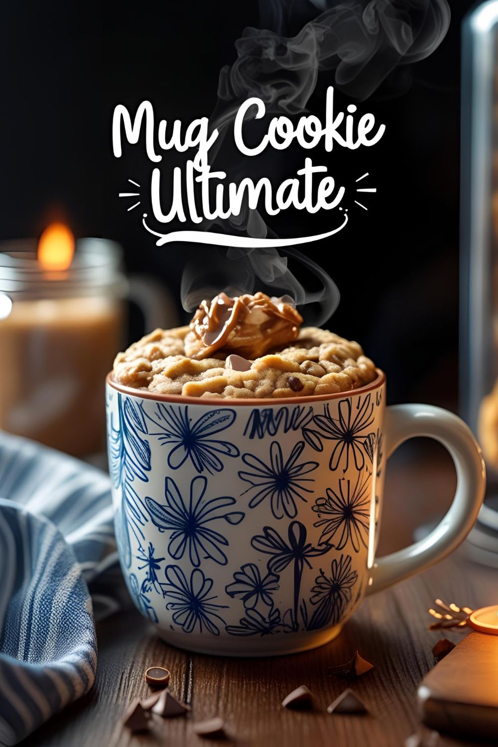 Steaming mug filled with melted chocolate chip cookie showing gooey texture.